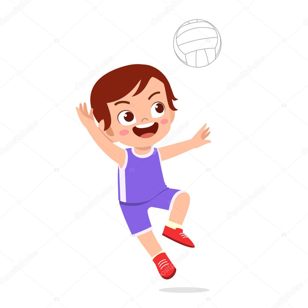 happy cute kid boy play train volleyball