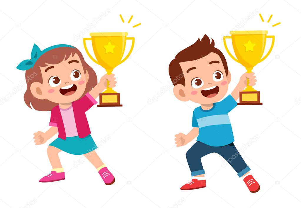 happy cute kids win game gold trophy