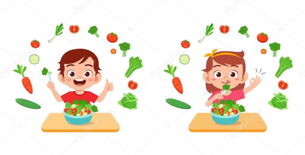 cute happy kids eat salad vegetable fruits