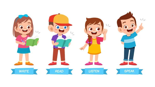 Boldog aranyos gyerekek alapvető tanulási módszer készlet — Stock Vector