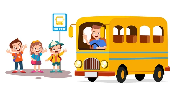 Happy cute anak-anak menunggu bus sekolah dengan teman-teman - Stok Vektor