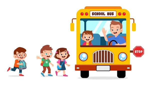 Boldog aranyos gyerekek megy iskolába busszal — Stock Vector