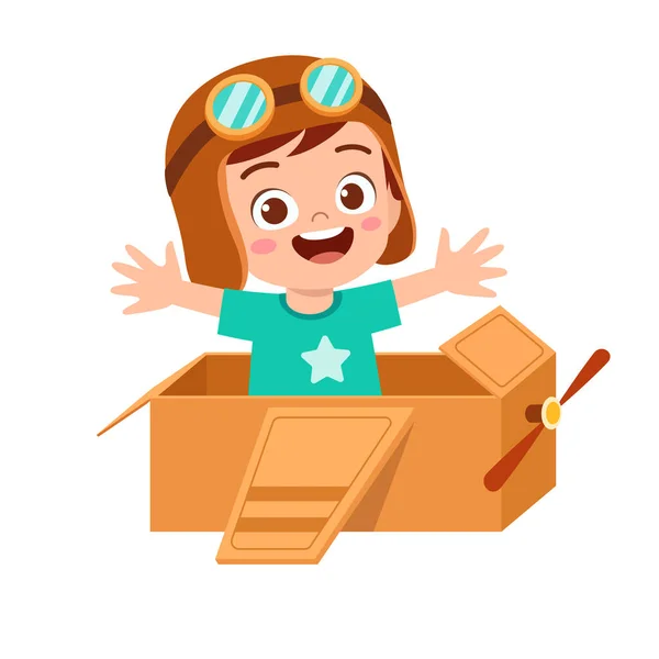 Niño feliz niño jugar juguete avión cartón — Vector de stock