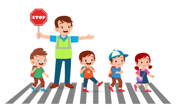 Feliz buen hombre ayudar a los niños a cruzar la carretera — Vector de stock