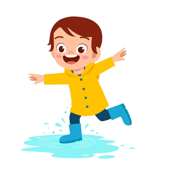 Niño lindo feliz niño jugar usar impermeable — Vector de stock