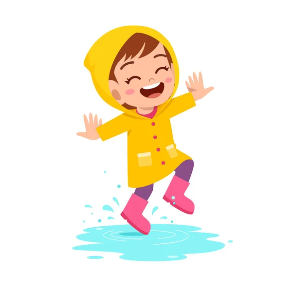 Glücklich niedliches Kind Mädchen spielen tragen Regenmantel — Stockvektor