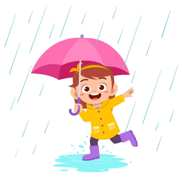 快乐可爱的小女孩穿雨衣玩耍 — 图库矢量图片