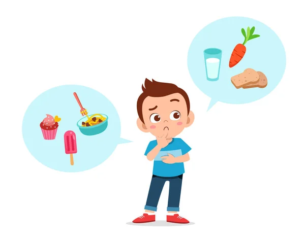 Happy cute kid boy think choose food — Stock Vector