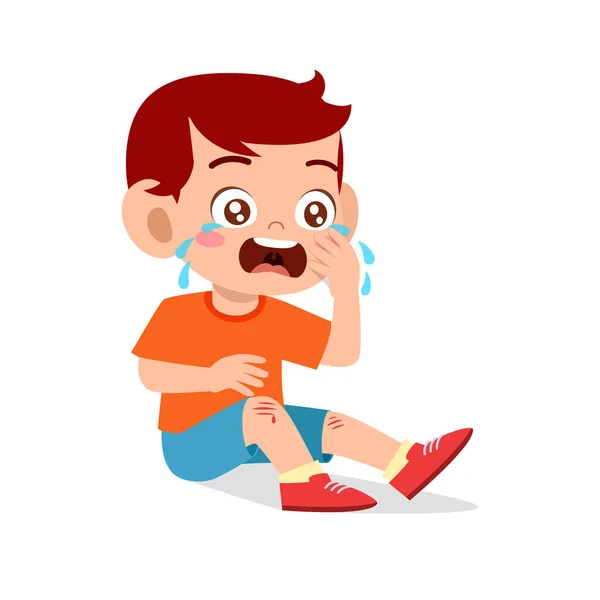 Triste grito lindo niño rodilla herido sangrado — Vector de stock