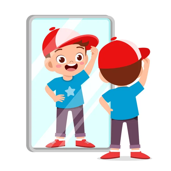 Šťastný roztomilý kluk použít zrcadlo v dopoledních hodinách — Stockový vektor