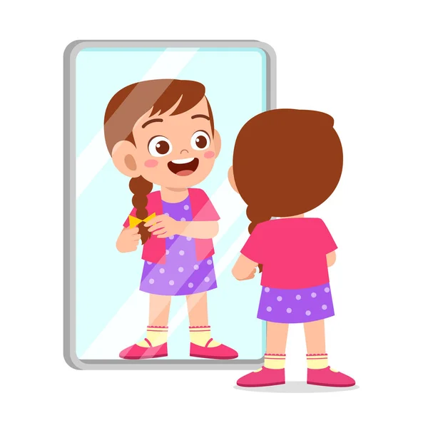 Feliz lindo niño chica uso espejo en la mañana — Archivo Imágenes Vectoriales