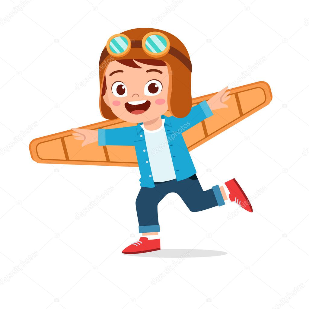 happy kid boy play toy plane cardboard