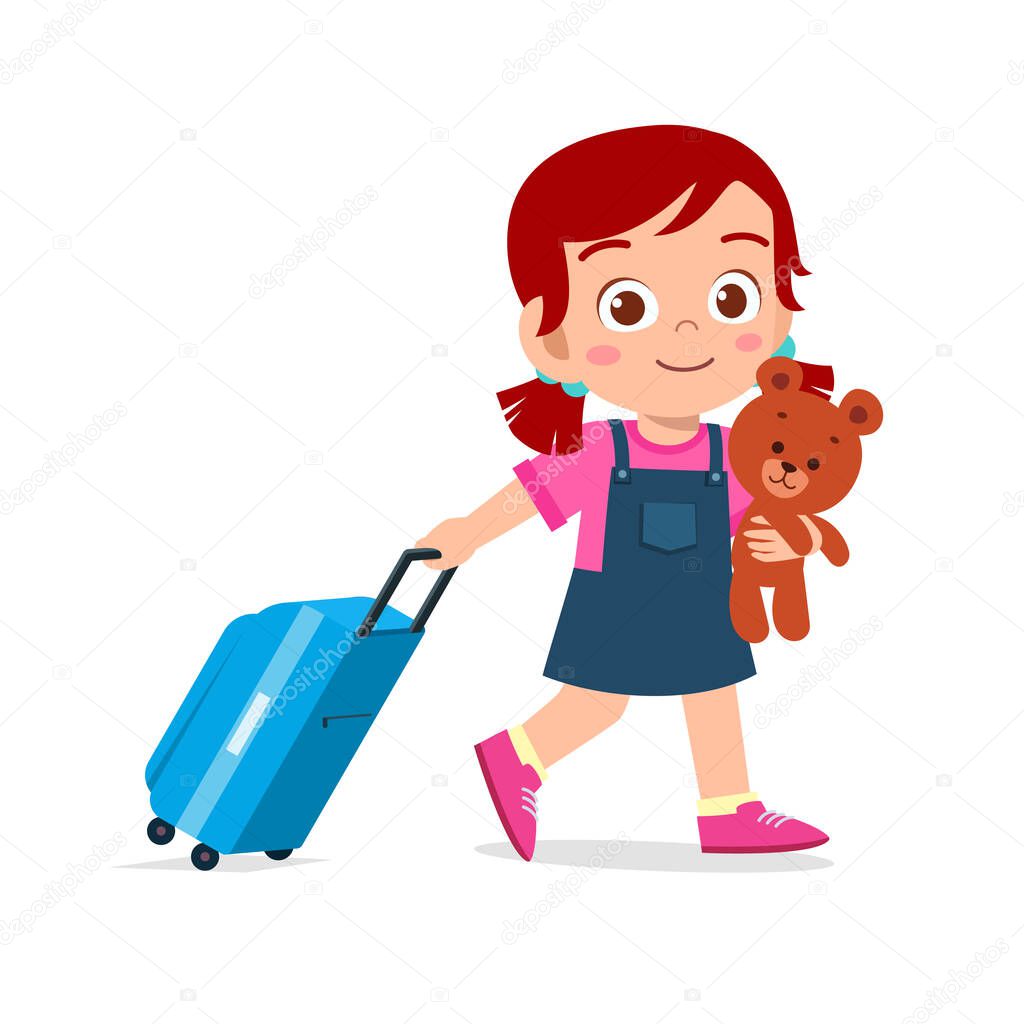 happy cute kid girl pull bag with teddy