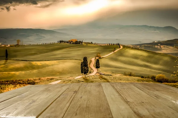 Paisagem Outono Toscana Placa Madeira Com Espaço Cópia Para Texto — Fotografia de Stock