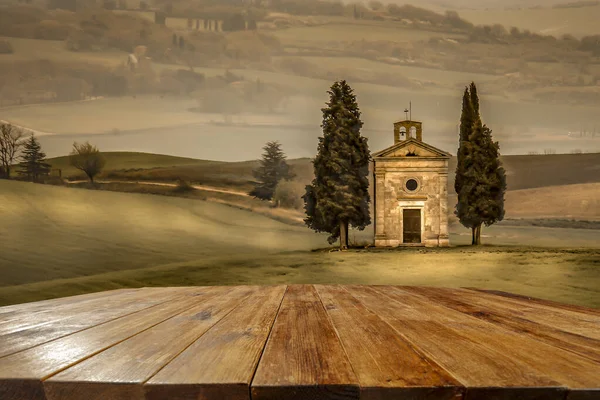 Paisagem Outono Toscana Placa Madeira Com Espaço Cópia Para Texto — Fotografia de Stock