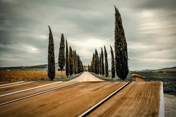 Herfst Landschap Van Toscane Houten Plank Met Kopieerruimte Voor Tekst — Stockfoto