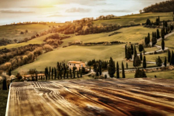 Paisaje Otoñal Toscana Tabla Madera Con Espacio Copia Para Texto —  Fotos de Stock