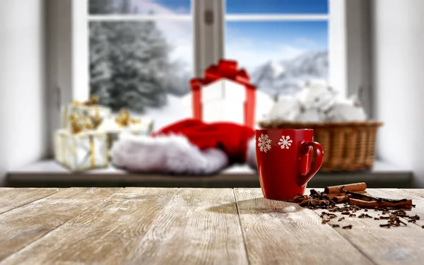 Christmas Decorations Windowsill Wooden Table Top Blurred Snowy Winter Window — ストック写真