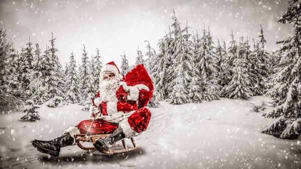 Papai Noel Com Fundo Inverno Nevado Apresenta Transporte Dia Inverno — Fotografia de Stock