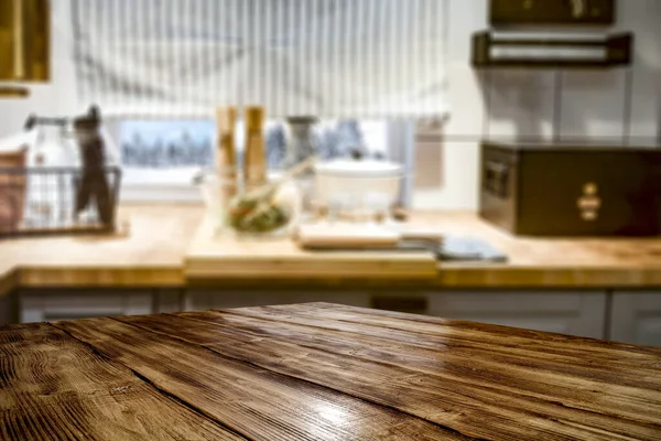 Mesa Madera Con Espacio Vacío Con Fondo Cocina Borroso — Foto de Stock