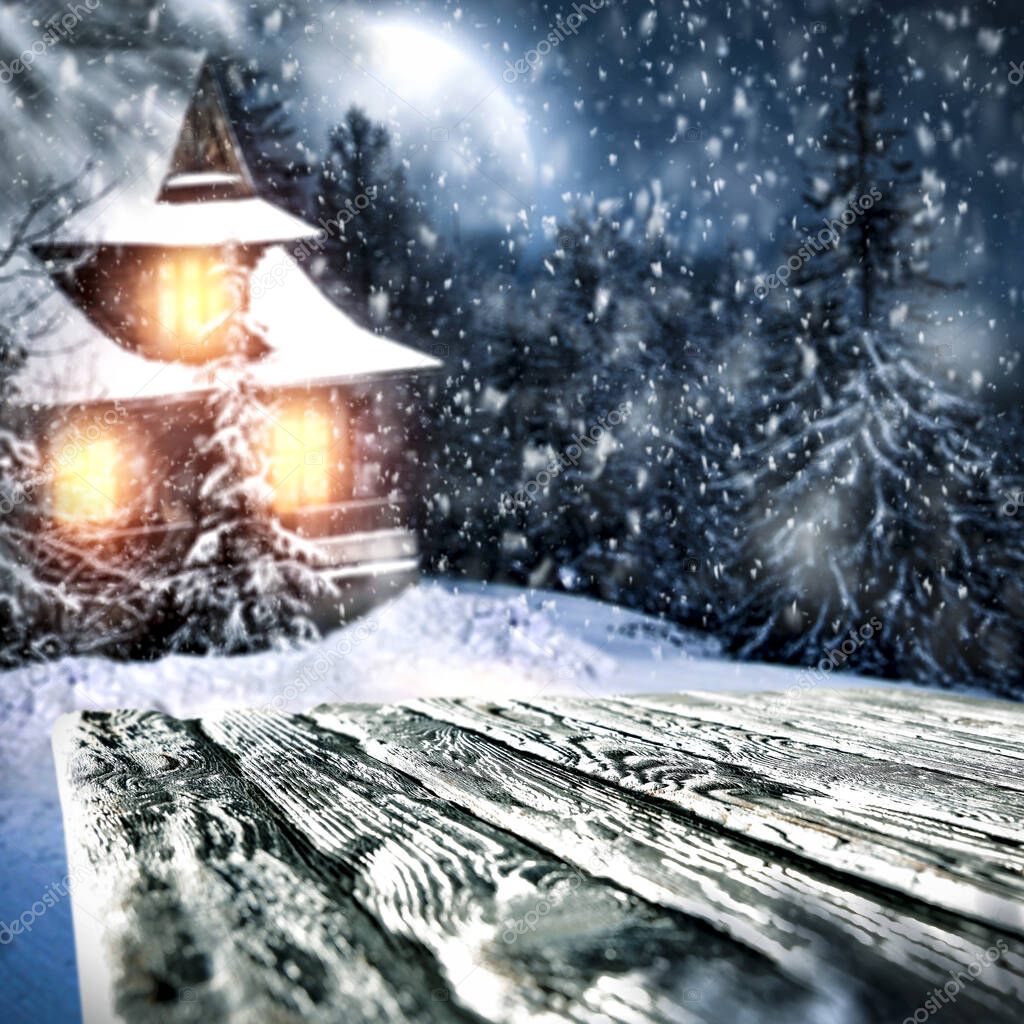 Snowy glimmering and shiny winter night landscape with falling snowflakes and surface for advertising products and decorations.