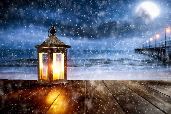 Paesaggio Notturno Invernale Luccicante Scintillante Con Fiocchi Neve Cadenti Superficie — Foto Stock