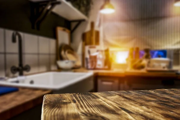 Tavolo Cucina Legno Marrone Con Sfondo Vuoto Voi Prodotti Decorazione — Foto Stock