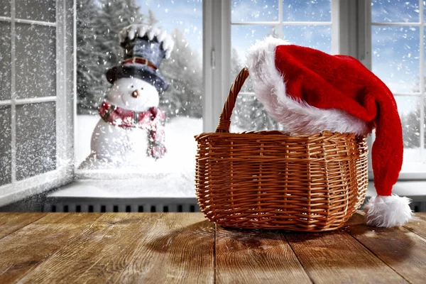 Inverno Nevado Brilhando Paisagem Brilhante Fora Janela Com Decorações Natal — Fotografia de Stock