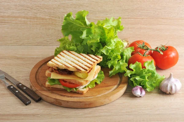 Classic Club Sandwich Roasted Bread Wooden Tray Filling Used Chicken — Stock Photo, Image
