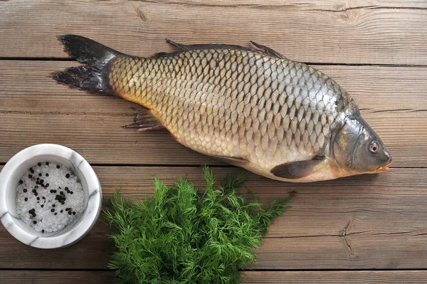 Ahşap bir yüzeyde sazan. Tuz ve biber ile dereotu ve harç yeşillik yanında. Sazan mükemmel bir Noel yemeğidir. Yukarıdan görüntüleyin. Close.