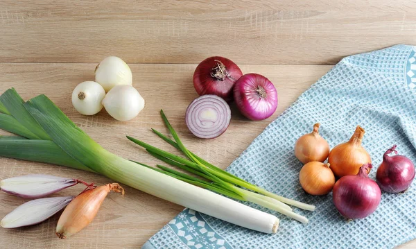 Soğan çeşitleri. Çerçevede, soğan, pırasa, arpacık soğan, beyaz, tatlı kırmızı, sarı soğan, yeşil soğan. Açık ahşap arka plan. Close. 