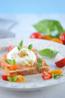 Tuzlu somon ve yumurta ile tost bir tabakta haşlanmış. Çanak çok renkli kiraz domates ve fesleğen yaprakları ile dekore edilmiştir. Açık arka plan. Close. Çerçevenin dikey yönü.