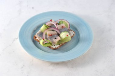 Mavi tabakta ringa balığı olan bir sandviç. Siyah ekmek krem peynir, genç ringa balığı, taze salatalık, soğan halkaları, kırmızı ve karabiber. Açık arka plan. Close. 