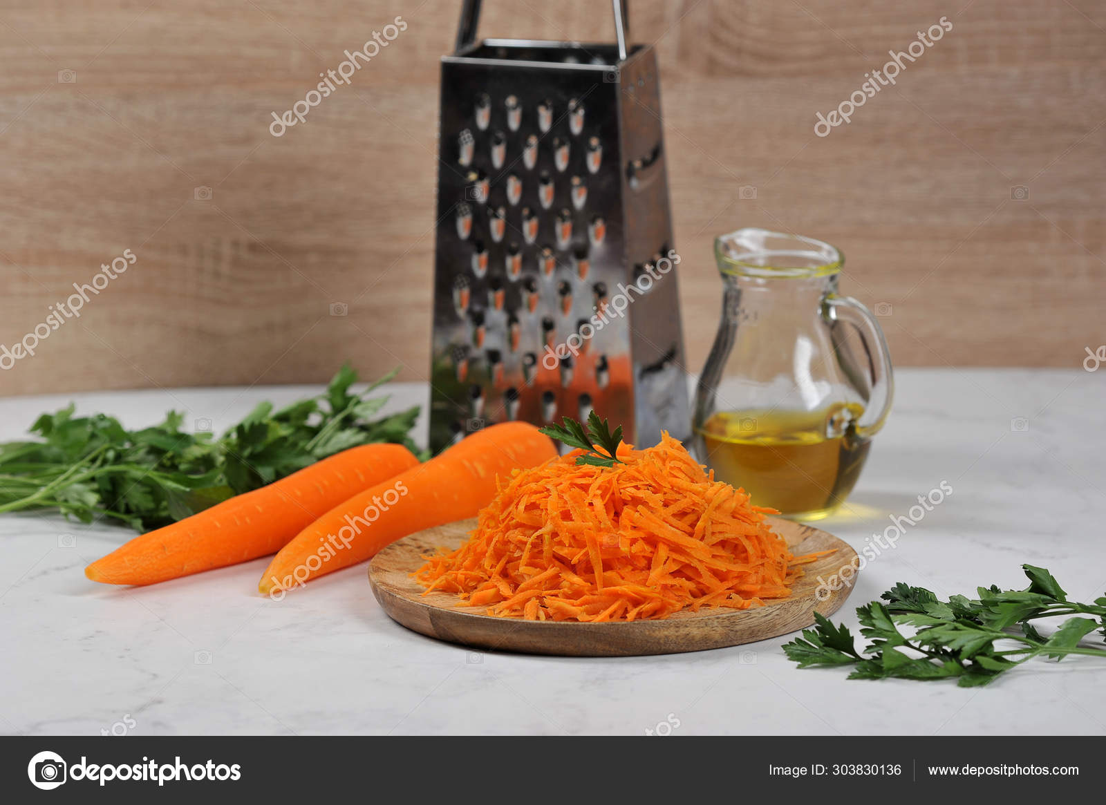 Grate Carrots Wooden Tray Background Grater Few Carrots Bunch Parsley Stock Photo Image By C Pavlovaspb 303830136