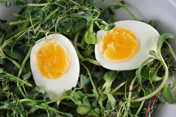 Çanak, bezelye, ayçiçeği ve yumuşak haşlanmış yumurta iki yarısı lahanası. Çerçeve çatal ve zeytinyağı bir şişe. Açık arka plan. Yukarıdan görüntüleyin. Close.