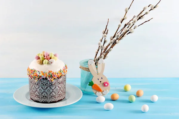 Easter Cake Plate Vase Willow Branches Sweets Form Eggs Spread — Stock Photo, Image