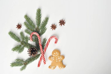 Noel kompozisyonu. Kompozisyon küçük bir adam şeklinde zencefil çerezleri içerir, karamel baston, ladin dal, çam kozalağı, anason. Beyaz arka plan. Yukarıdan görüntüleyin. Metnin altındaki boşluk.