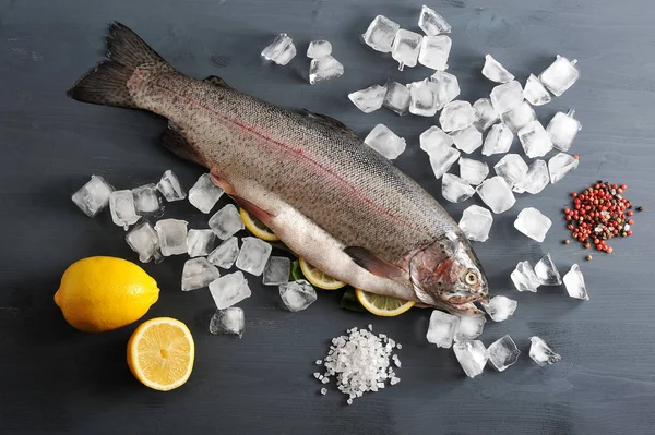 Somon Atlantik çiğ, harcanmış. Balığın karnı limon dilimleri ile doldurulr. Buz küpleri, baharatlar, limon. Koyu ahşap arka plan. Yukarıdan görüntüleyin. Close.