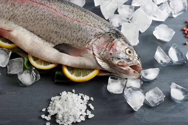 Somon Atlantik çiğ, harcanmış. Balığın karnı limon dilimleri ile doldurulr. Buz küpleri, baharatlar, deniz tuzu etrafında. Koyu ahşap arka plan. Yukarıdan görüntüleyin. Close.