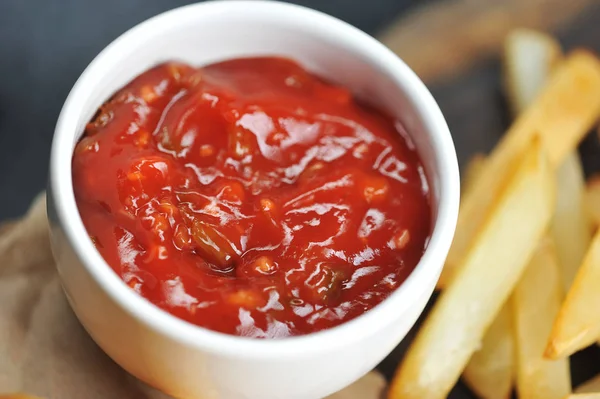 Frame Cup Ketchup French Fries Close Gray Background Macro Photography — Stock Photo, Image