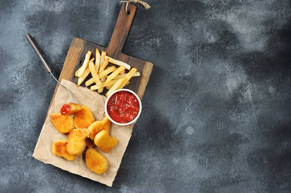 Chicken Nuggets French Fries Wooden Board Next Cup Ketchup One — Stock Photo, Image
