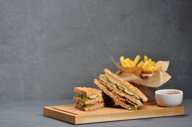 Pastırma, tavuk göğsü, peynir ve taze sebze dolum ile iştah açıcı ve besleyici sandviç. Tamamlayıcı sandviç gevrek patates kızartması. Gri arka plan. Close.