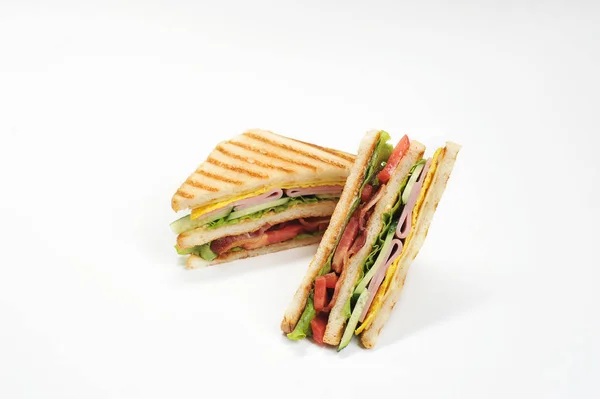 Classic Club Sandwich Fyllningen Smörgåsen Består Skinka Bacon Ost Och — Stockfoto