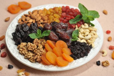 Büyük beyaz bir tabak üzerinde fındık ve kurutulmuş meyve. Kuru üzüm, kuru kayısı, kuru erik, hurma, kiraz, kaju fıstığı, badem, ceviz bir tabak üzerinde. Açık arka plan. Close. 