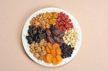 Büyük beyaz bir tabak üzerinde fındık ve kurutulmuş meyve. Kuru üzüm, kuru kayısı, kuru erik, hurma, kiraz, kaju fıstığı, badem, ceviz bir tabak üzerinde. Açık arka plan. Close. Yukarıdan görüntüle.