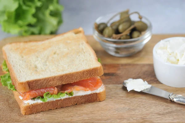 Salmon Sandwich Light Wooden Board Cups Capers Soft Cheese Close — Stock Photo, Image