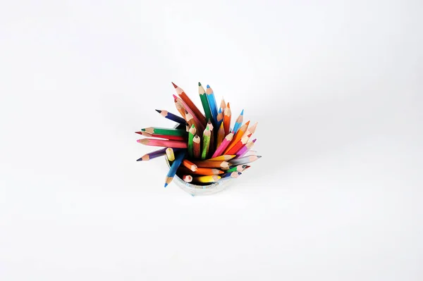 Crayons Couleur Dans Bocal Vue Haut Fond Blanc Espace Libre — Photo