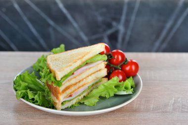 Peynirli sandviç ve parti. Beyaz ekmek sandviç yapmak için kullanılır. Sandviç kiraz domates dalı ve marul yaprakları ile bir tabak üzerinde. Close.