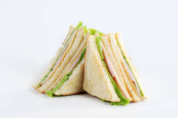 Club Sandwich Mit Käse Und Party Auf Weißem Hintergrund Weißbrot — Stockfoto