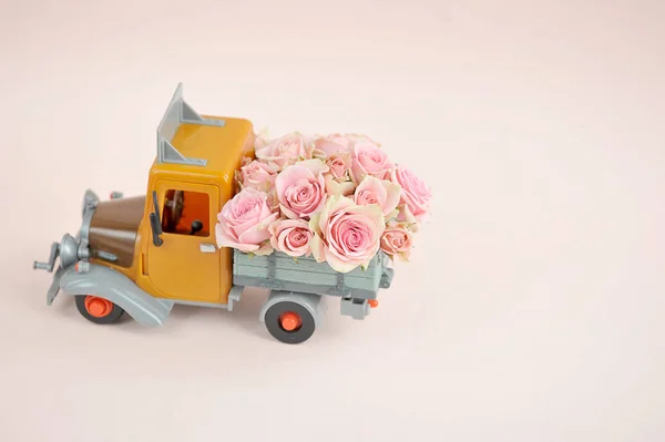 Roses Back Toy Truck Free Space Place Text Concept Holiday — Stock Photo, Image